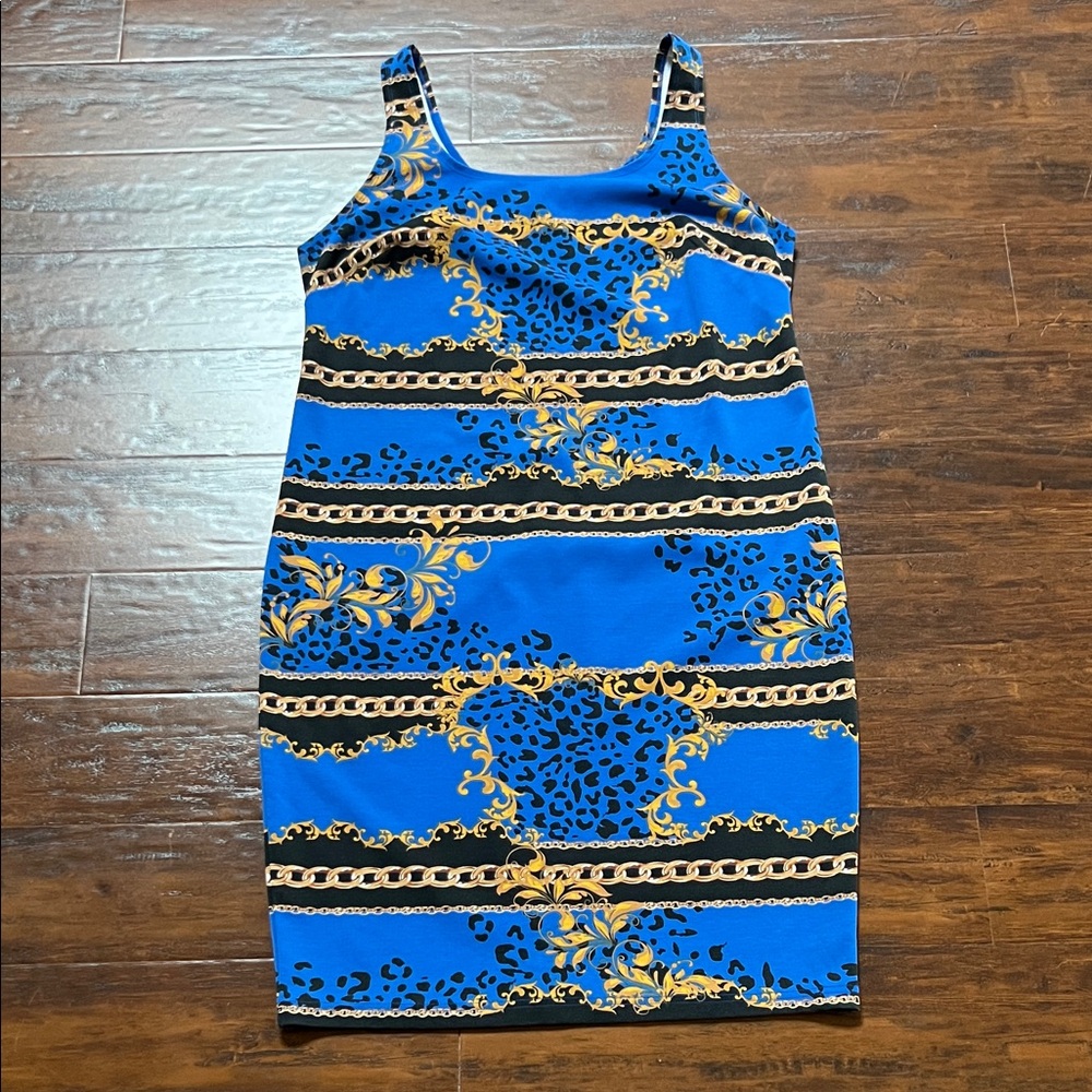 K. Jordan Blue & Gold Printed Bodycon Dress Size 1X